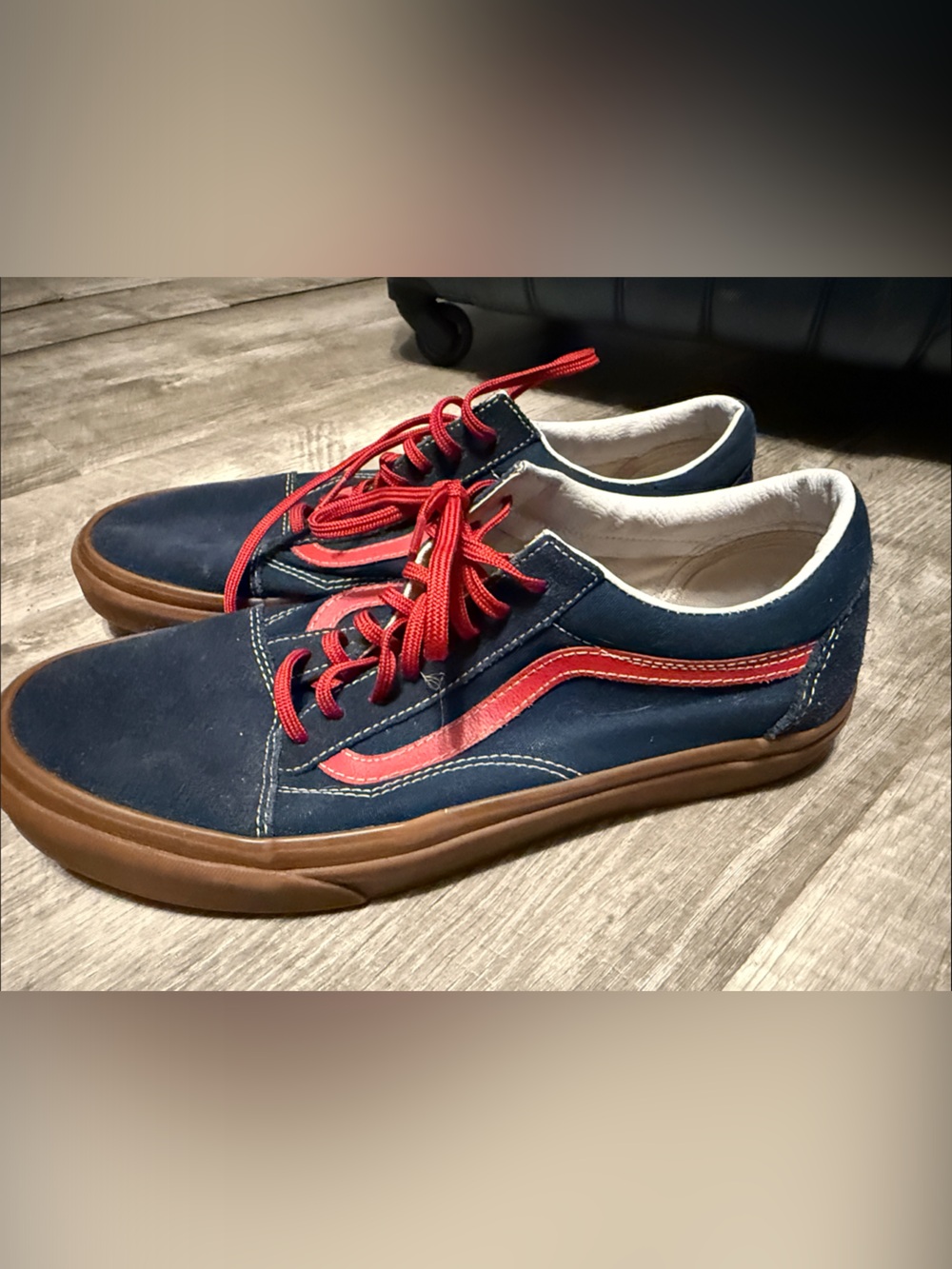Vans Low-Top Skate Sneakers in Navy Blue with Red Trim